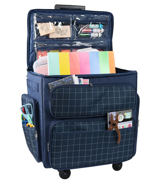 Everything Mary 20 x 13 Navy Windowpane Rolling Sewing Machine Tote