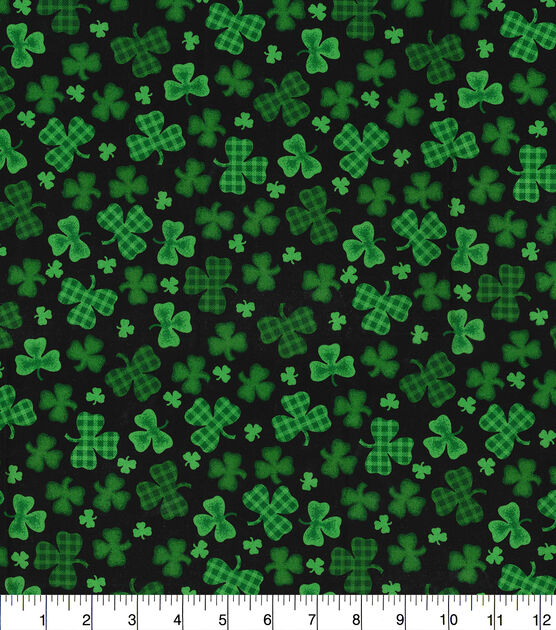 Fabric Traditions Gingham & Solid Clovers on Black St. Patrick's Day Cotton Fabric