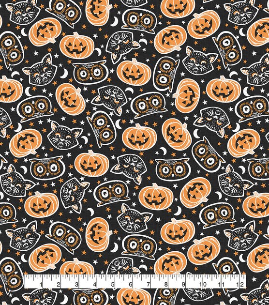 Tossed Cat Heads Black Halloween Cotton Fabric