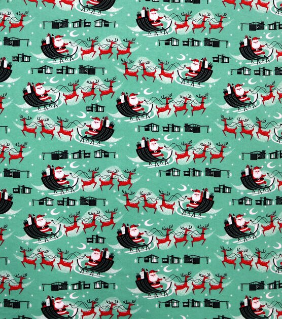 Santa Sleigh on Aqua Super Snuggle Christmas Flannel Fabric, , hi-res, image 2