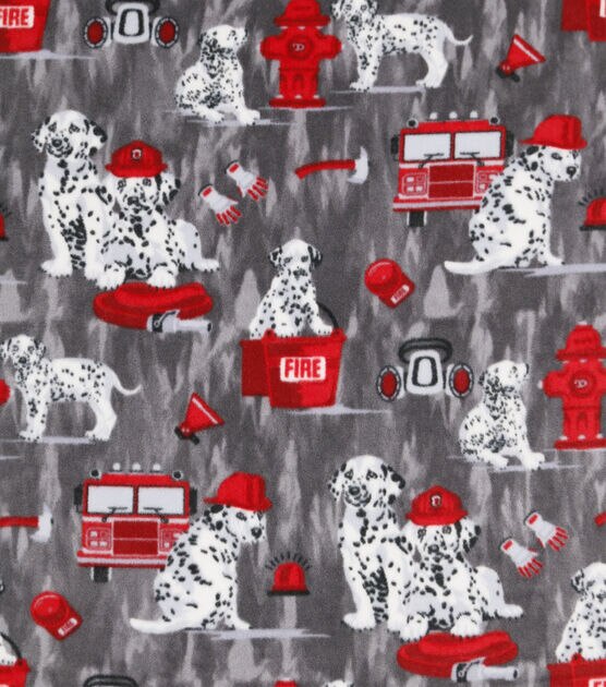 Fire Rescue Dalmatians on Gray Anti Pill Fleece Fabric