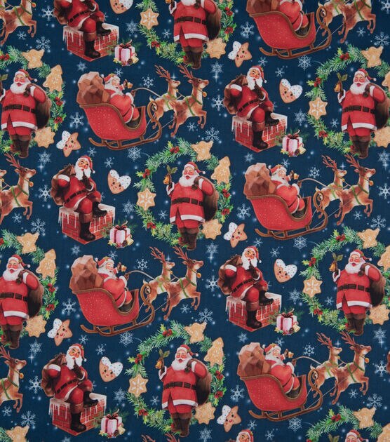 Santa Claus & Snowflakes on Blue Christmas Cotton Fabric