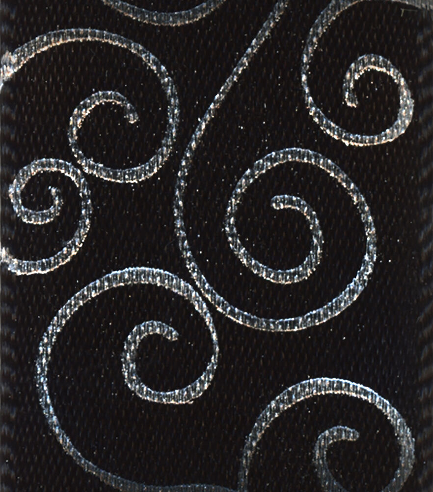 Offray 7/8" x 9' Metallic Scroll Single Faced Satin Ribbon, Black, swatch, image 1