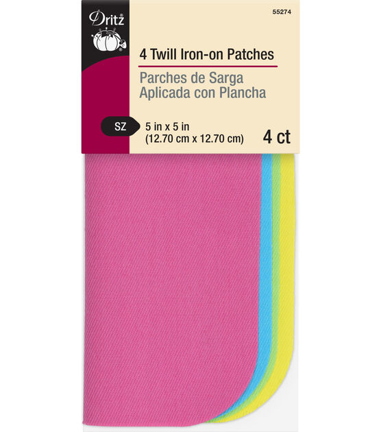 Dritz Twill Iron-On Patches, Yellow, Green, Turquoise & Pink, 4 pc