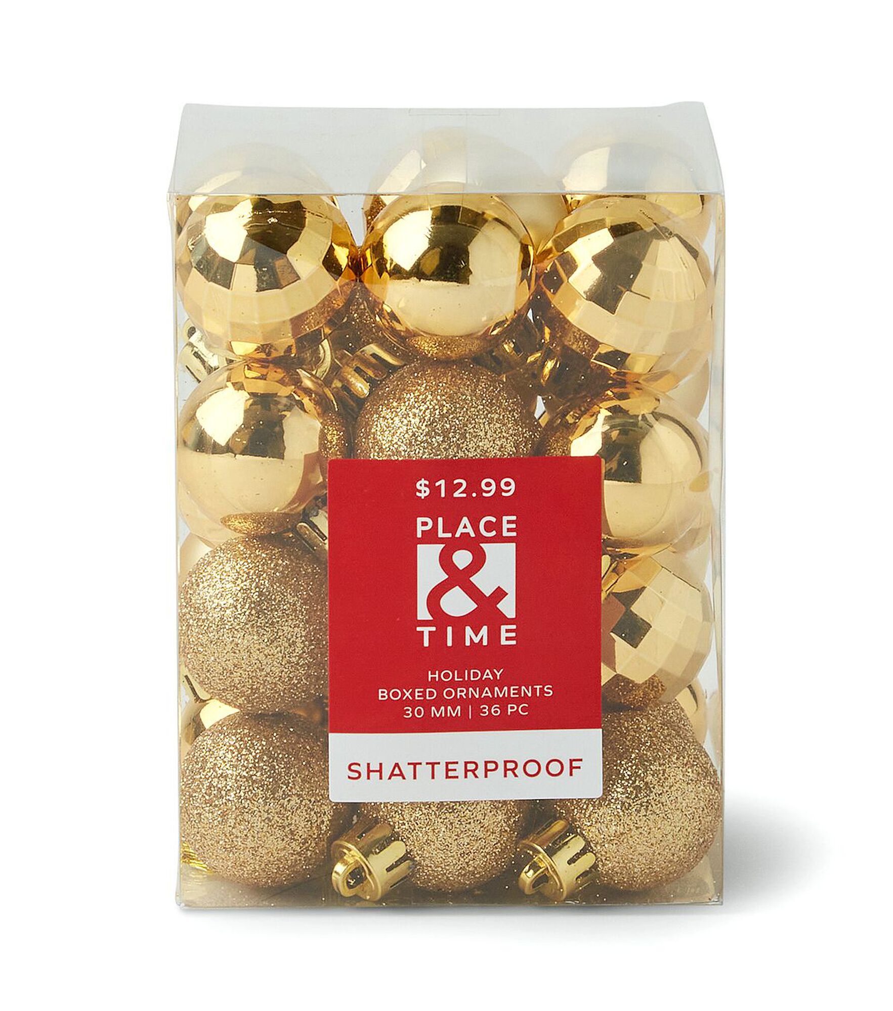30mm Shatterproof Christmas Ball Ornaments 36ct by Place & Time, Gold, hi-res