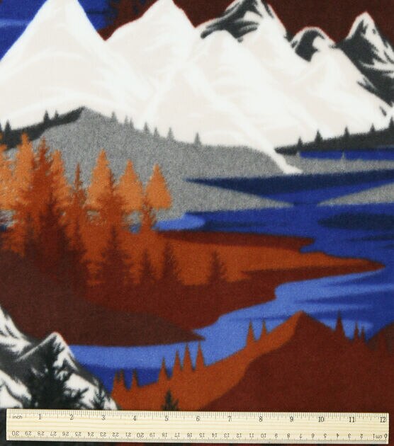 Mountain Landscape on Red Anti Pill Fleece Fabric, , hi-res, image 3
