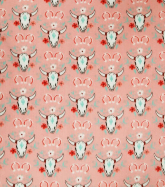 Floral Bull Skulls on Pink Anti Pill Fleece Fabric