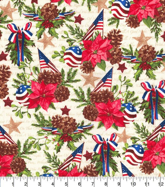 Fabric Traditions America Poinsettia & Star Christmas Cotton Fabric