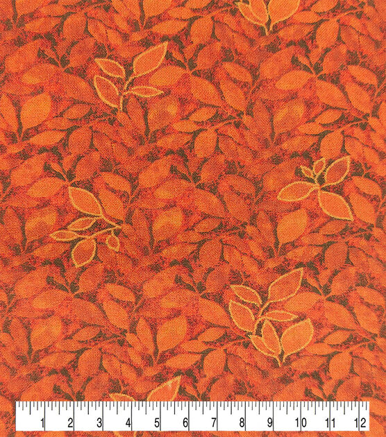 Copper Orange Leaves Fall Print Metallic Cotton Fabric, , hi-res, image 3