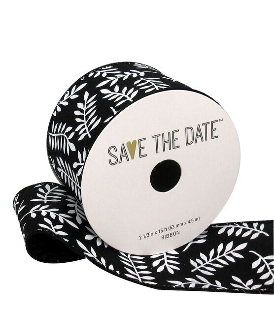 Save the Date 2.5"x15' White Ferns Black Woven Ribbon
