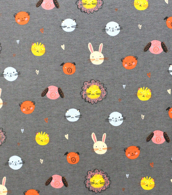 Pastel Animal Faces On Gray Super Snuggle Flannel Fabric