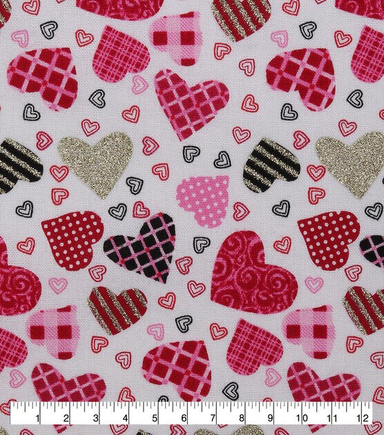 Tossed Patterned & Glitter Hearts Valentine's Day Cotton Fabric