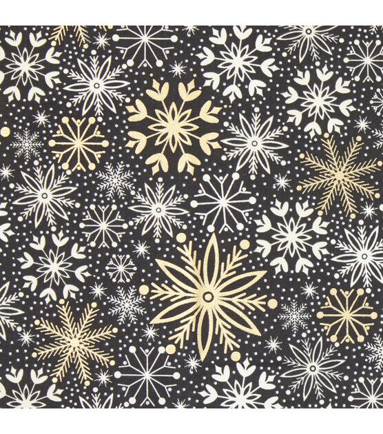 Gold & White Snowflakes on Black Christmas Foil Cotton Fabric
