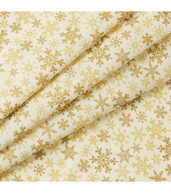 Snowflakes on Tan Christmas Metallic Cotton Fabric, , hi-res, image 2