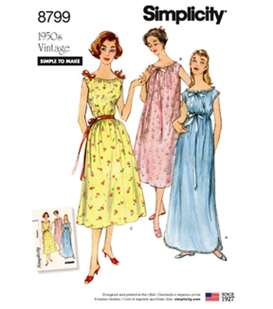 Simplicity S8799 Size XS to XL Misses Vintage Nightgowns Sewing Pattern