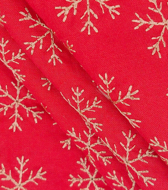 Embroidery Snowflakes on Red Christmas Cotton Fabric, , hi-res, image 2