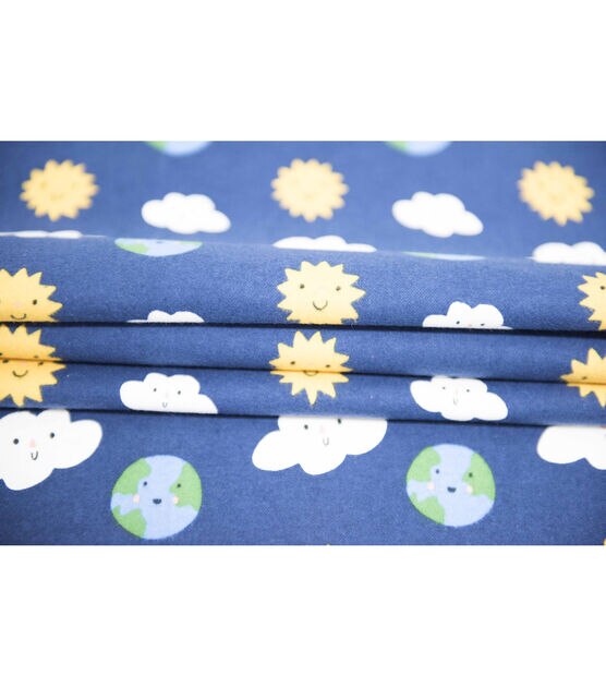 Dark Blue Earth Sun Clouds Super Snuggle Flannel Fabric By POP!, , hi-res, image 4