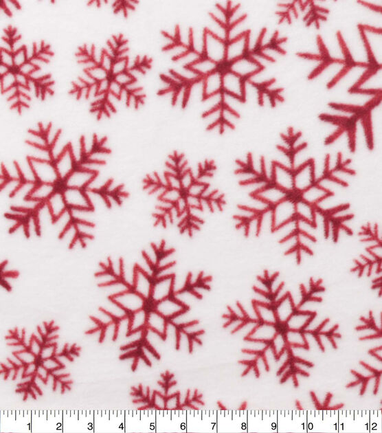 Red Snowflakes on White Anti Pill Fleece Fabric
