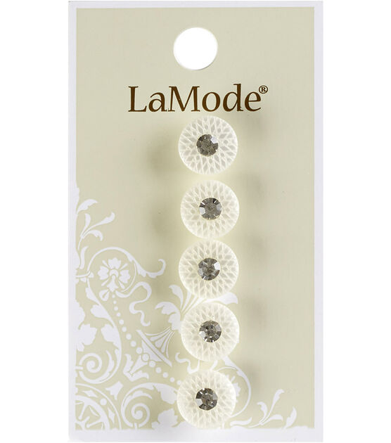 La Mode 7/16" White Shank Buttons With Clear Rhinestone 5pk