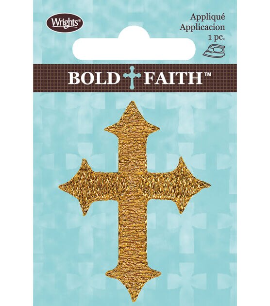 Wrights 2" x 1.5" Gold Bold Faith Nylon Cross Iron On Patch