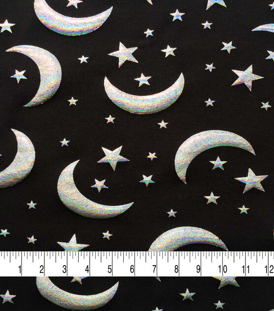 Holographic Moon & Stars Interlock Knit Fabric by POP!