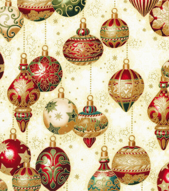 Robert Kaufman Ornaments on Cream Christmas Metallic Cotton Fabric