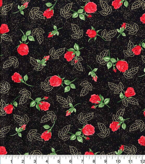 Hi Fashion Single Rose Tossed Premium Print Metallic Cotton Fabric, , hi-res, image 2