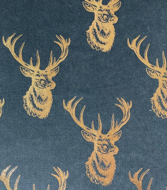 Foil Deer Head on Blue Christmas Flannel Fabric, , hi-res, image 1