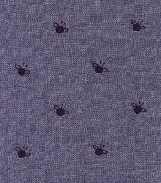 Navy Bee Embroidered Chambray Fabric by POP!