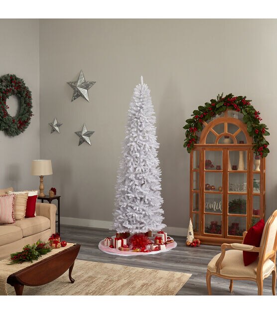 Nearly Natural 9' Warm White Pre Lit White Slim Pine Christmas Tree, , hi-res, image 9