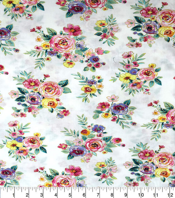 Modern Monet Bouquets on White Premium Metallic Cotton Fabric, , hi-res, image 2