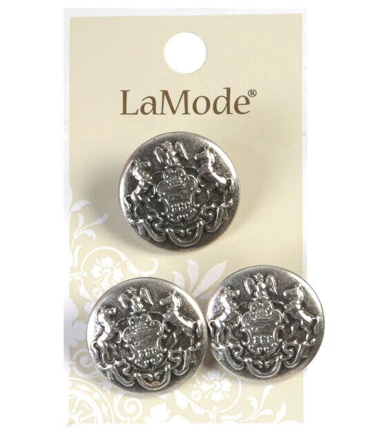 La Mode 7/8" Antique Silver Metal Crest Shank Buttons 3pk