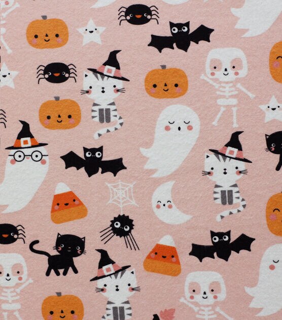 Super Snuggle Halloween Icons On Pink Flannel Fabric