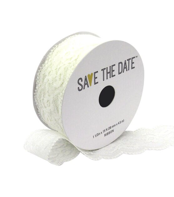 Save the Date 1.5" x 15' White Lace Ribbon, , hi-res, image 1