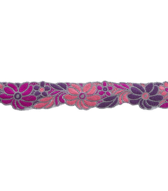 Simplicity Thick Yarn Embroidered Trim 2'' Fuchsia Floral