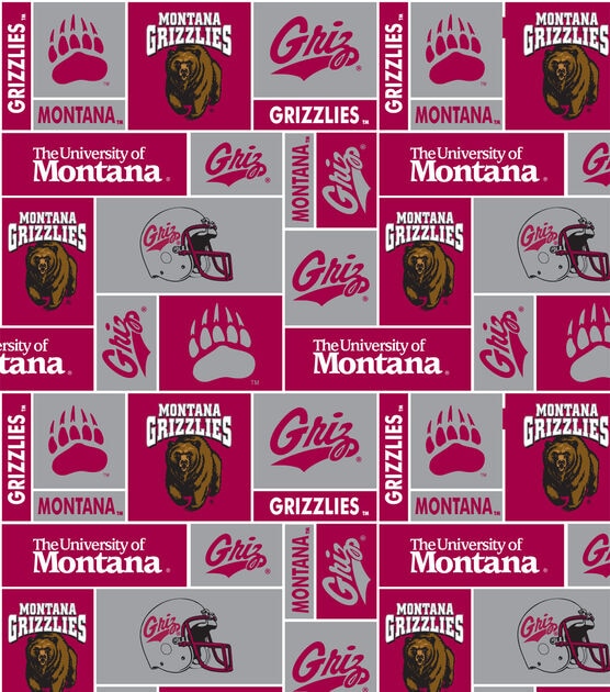 University of Montana Grizzlies  Fleece Fabric Red & Gray Block
