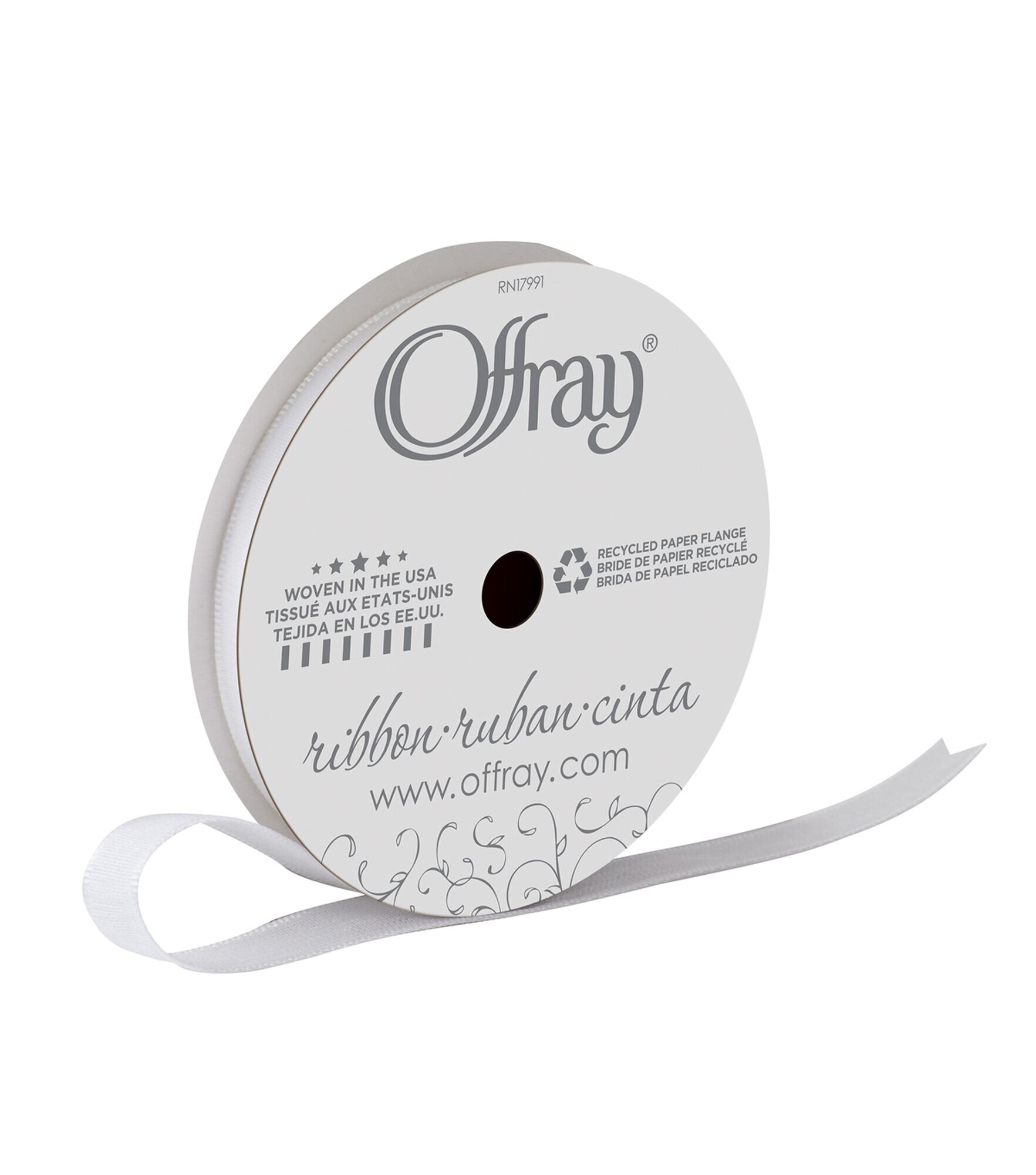 Offray 3/8" x  9' San Marino Solid Ribbon, White, hi-res