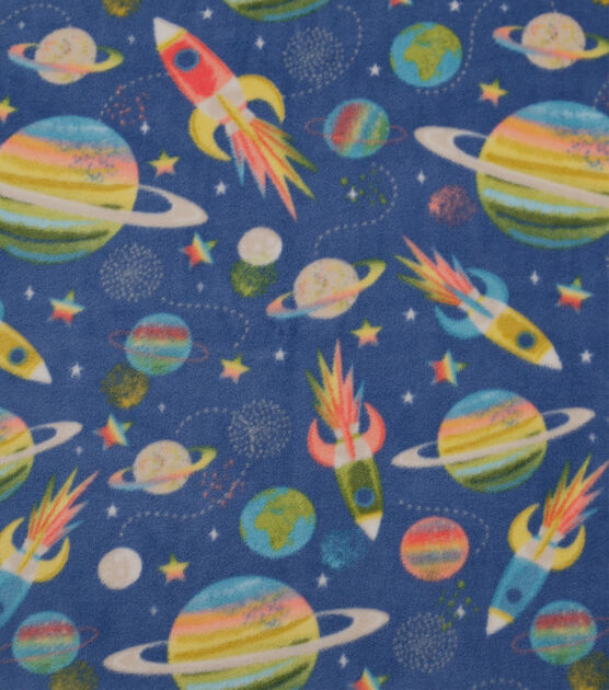 Spaceships & Planets on Blue Anti Pill Fleece Fabric