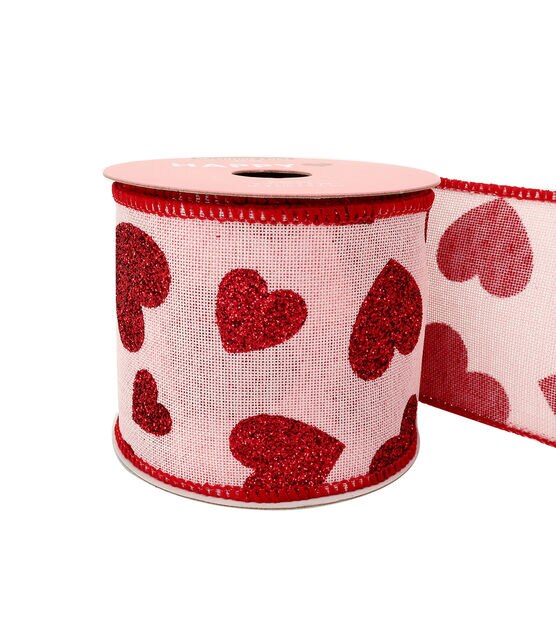 1.5 X 10 YD Wired Valentine Hearts Ribbon, Pink Red and White Valentine  Ribbon, 11006-09-28 