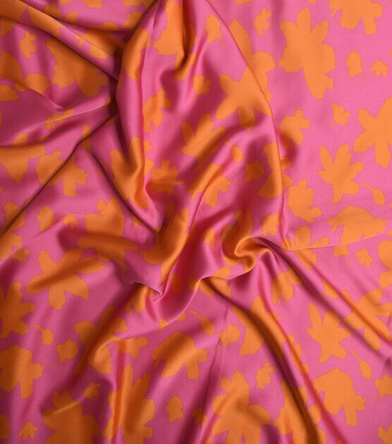 Pink & Orange Floral Lightweight Shiny Charmeuse Fabric, , hi-res, image 5