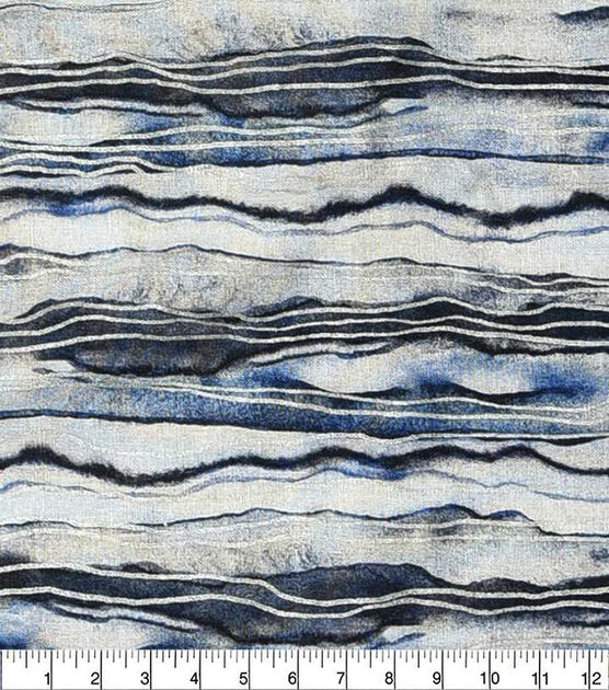 Blue Stacked Linear Layers Premium Metallic Cotton Fabric, , hi-res, image 2
