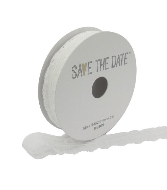 Save the Date 7/8" x 15' White Lace Ribbon