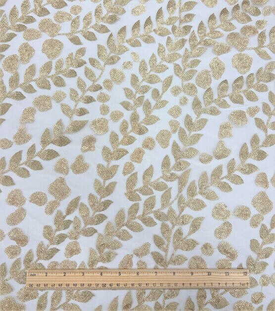 Gold Metallic Leaves Embroidered With Sequin Mesh Fabric by Sew Sweet, , hi-res, image 2