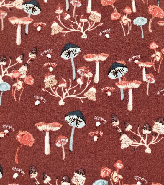 Burgundy Mushrooms Double Brush Jersey Knit Fabric