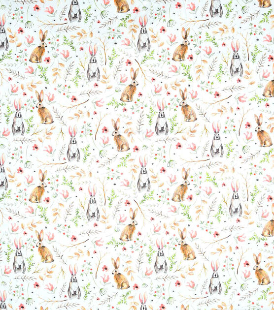 Watercolor Rabbit & Leaves Easter Cotton Fabric