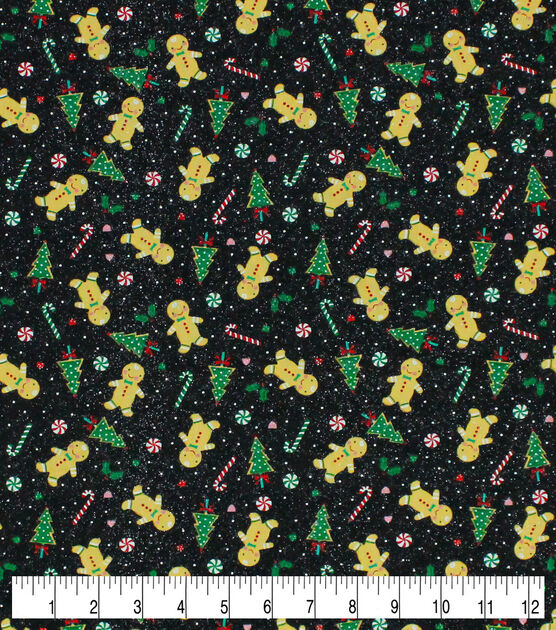 Gingerbread & Cookies on Black Glitter Christmas Cotton Fabric, , hi-res, image 3