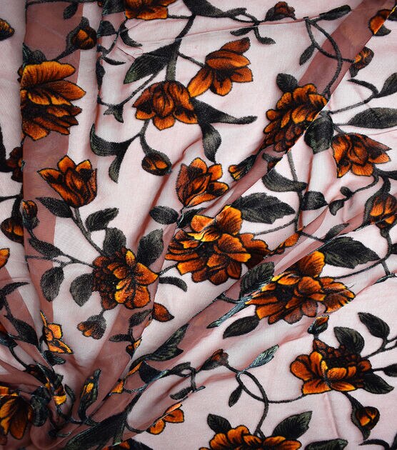 Orange Floral Velvet Burnout Fabric, , hi-res, image 7