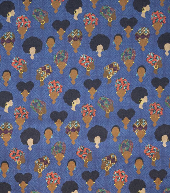 Black History Month Coiffed Crowns On Blue Novelty Cotton Fabric