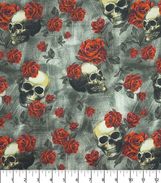 Skulls And Roses Tossed On Black Novelty Cotton Fabric, , hi-res, image 2