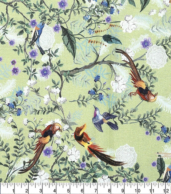 Asian Birds In Floral Green Premium Cotton Fabric, , hi-res, image 2